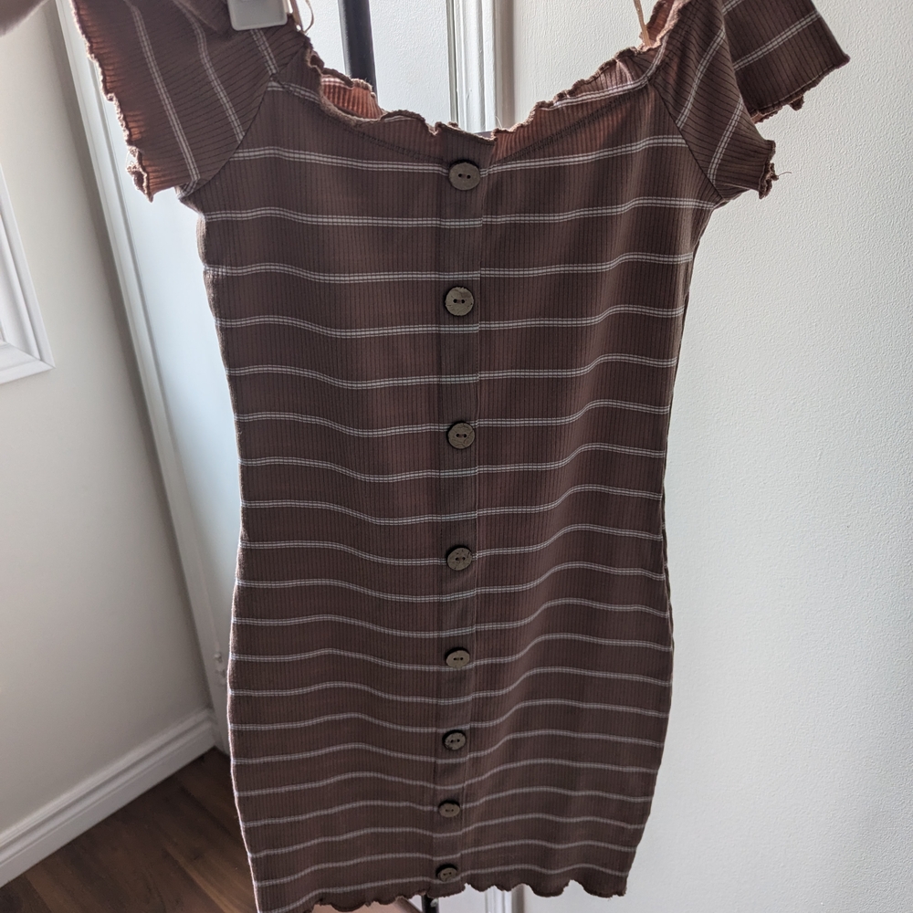 Revamped Chocolate Striped Button-Down Mini Dress In Like New Condition